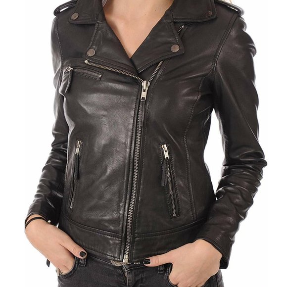Women's Lambskin Real Leather Jacket Motorcycle Biker Stylish Black Zipper Coat - Picture 3 of 4
